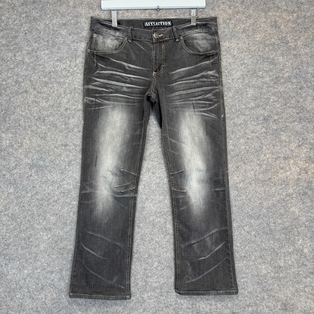 Affliction Ace Denim Jeans Men 32 32x28 Embroidered Grunge Rock Biker Pants Gray